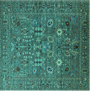 8' Round Turquoise Oriental Industrial Area Rug full design view showcasing the ornate floral and geometric oriental pattern in vibrant turquoise tones.