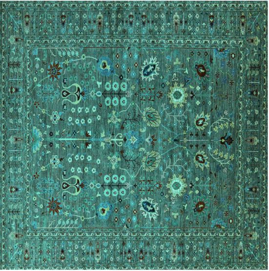 8' Round Turquoise Oriental Industrial Area Rug full design view showcasing the ornate floral and geometric oriental pattern in vibrant turquoise tones.