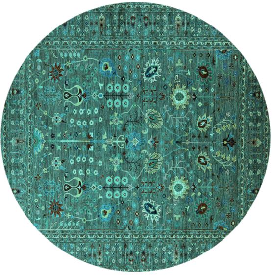 8' Round Turquoise Oriental Industrial Area Rug product view highlighting the circular shape and intricate vintage-inspired motifs.