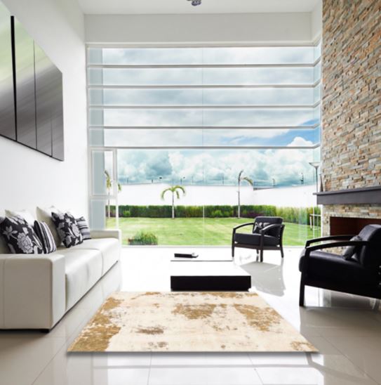 8' Square Ivory Gold Distressed Modern Abstract Area Rug styled in a contemporary living room, showcasing the elegant ivory base with distressed gold accents.