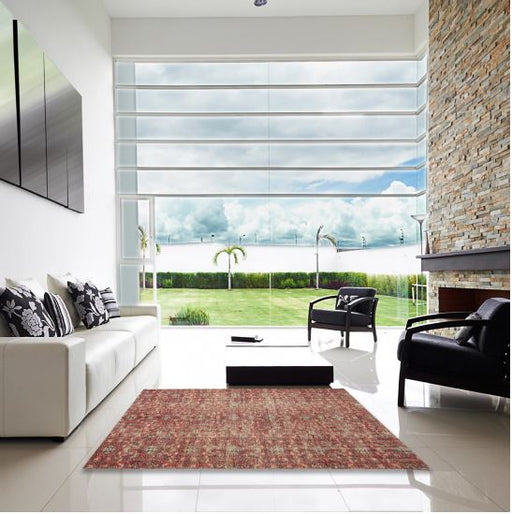 8' Square Light Copper Gold Traditional Persian Rug styled in a bright contemporary living room, highlighting the warm copper and gold tones with a distressed traditional pattern.