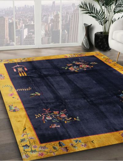 8' Square Navy & Gold Traditional Oriental Rug angled view showcasing the vibrant gold border, intricate floral details, and classic traditional design.