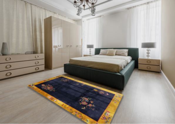 8' Square Navy & Gold Traditional Oriental Rug placed in a refined bedroom setting, adding contrast and sophistication with its bold navy and gold color palette.