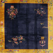 8' Square Navy & Gold Traditional Oriental Rug top view displaying the square shape and elegant oriental-inspired motifs arranged across the rich navy background.