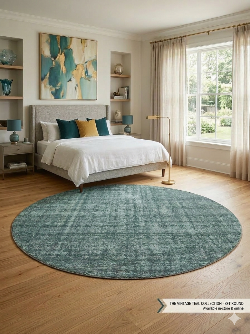 8 ft Round Teal & Light Gray Distressed Abstract Modern Contemporary Washable Area Rug styled in a bright modern bedroom.