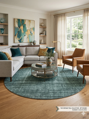 8 ft Round Teal & Light Gray Distressed Abstract Modern Contemporary Washable Area Rug styled in a contemporary living room.