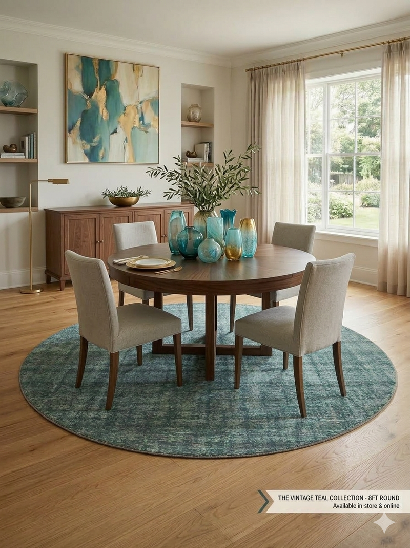 8 ft Round Teal & Light Gray Distressed Abstract Modern Contemporary Washable Area Rug styled in a modern dining room.