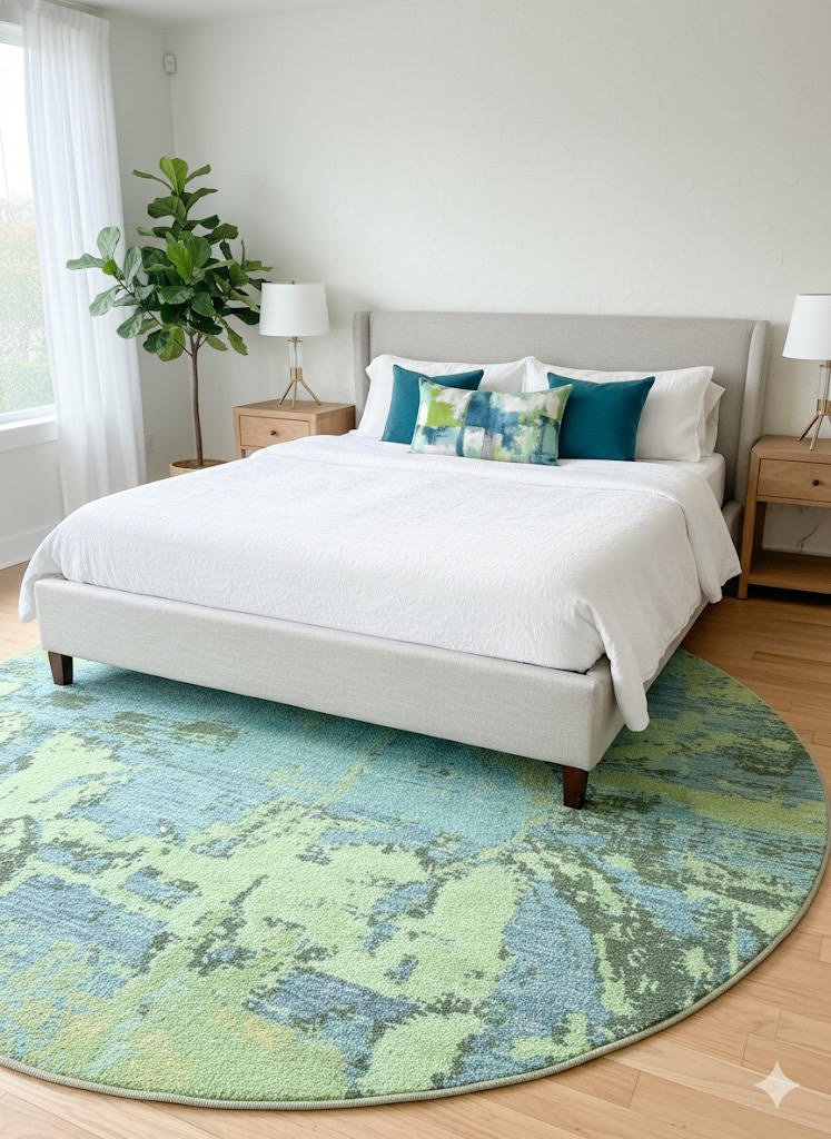 8' round blue teal and green abstract washable area rug styled beneath a modern bed with neutral bedding and teal accent pillows in a bright bedroom.