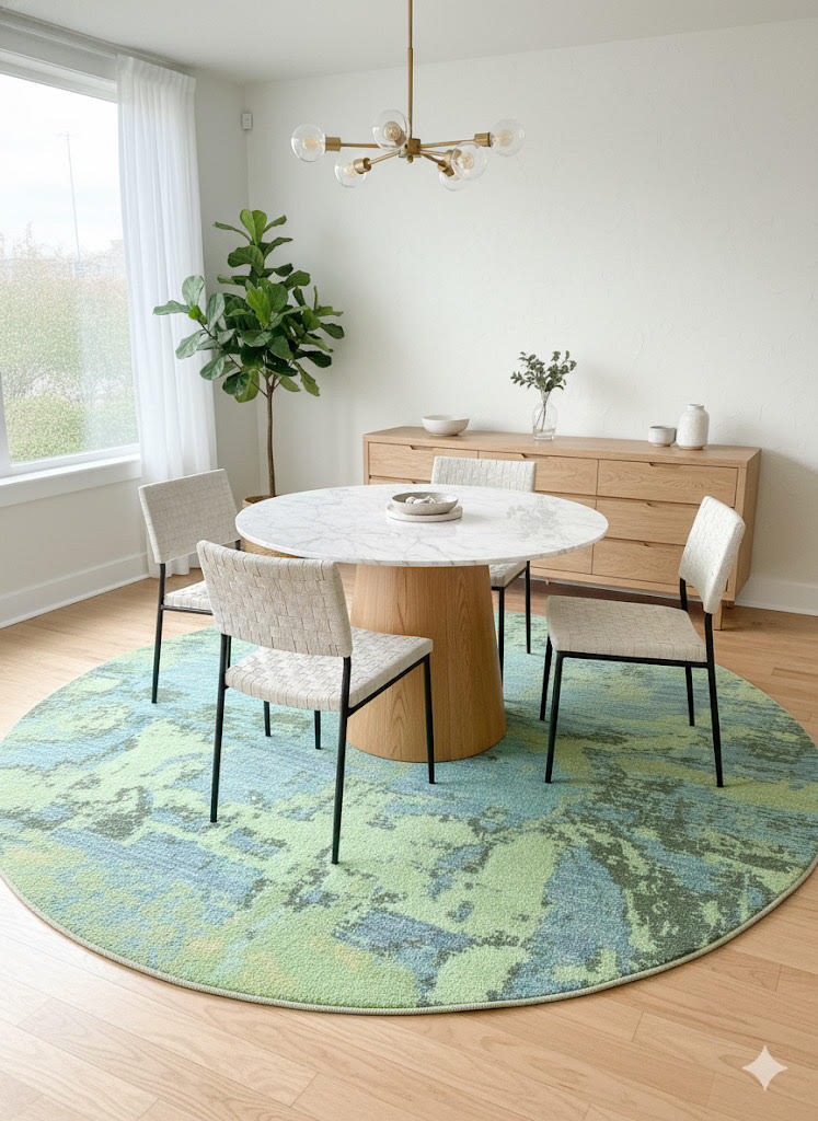 8' round blue teal and green modern washable area rug placed beneath a round dining table with upholstered chairs in a minimalist dining space.