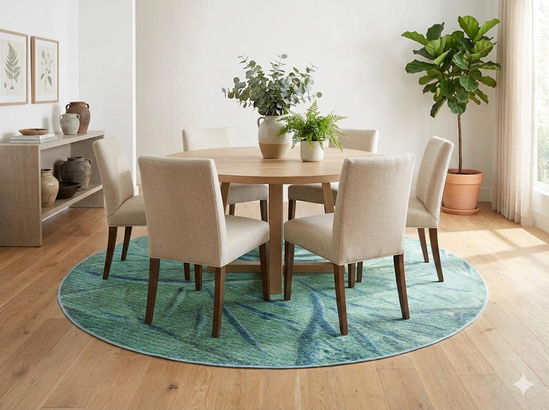 8' round green abstract botanical rug placed under a light wood dining table with neutral upholstered chairs in a bright, airy dining space.