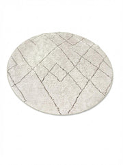 8' round ivory Moroccan bohemian area rug featuring charcoal gray diamond geometric lines and a soft textured surface.