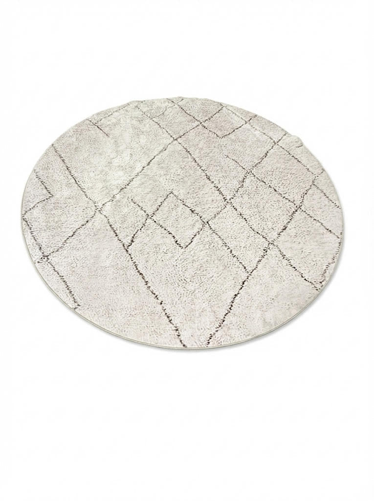 8' round ivory Moroccan bohemian area rug featuring charcoal gray diamond geometric lines and a soft textured surface.