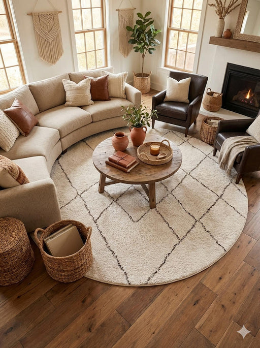8' round ivory Moroccan geometric area rug with charcoal gray diamond lines styled in a cozy living room with a curved sectional sofa, leather accent chairs, and warm natural textures.