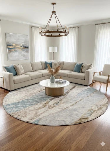 8' round ivory and beige abstract marble area rug styled in a bright living room with a neutral sectional sofa, round coffee table, and soft modern décor.