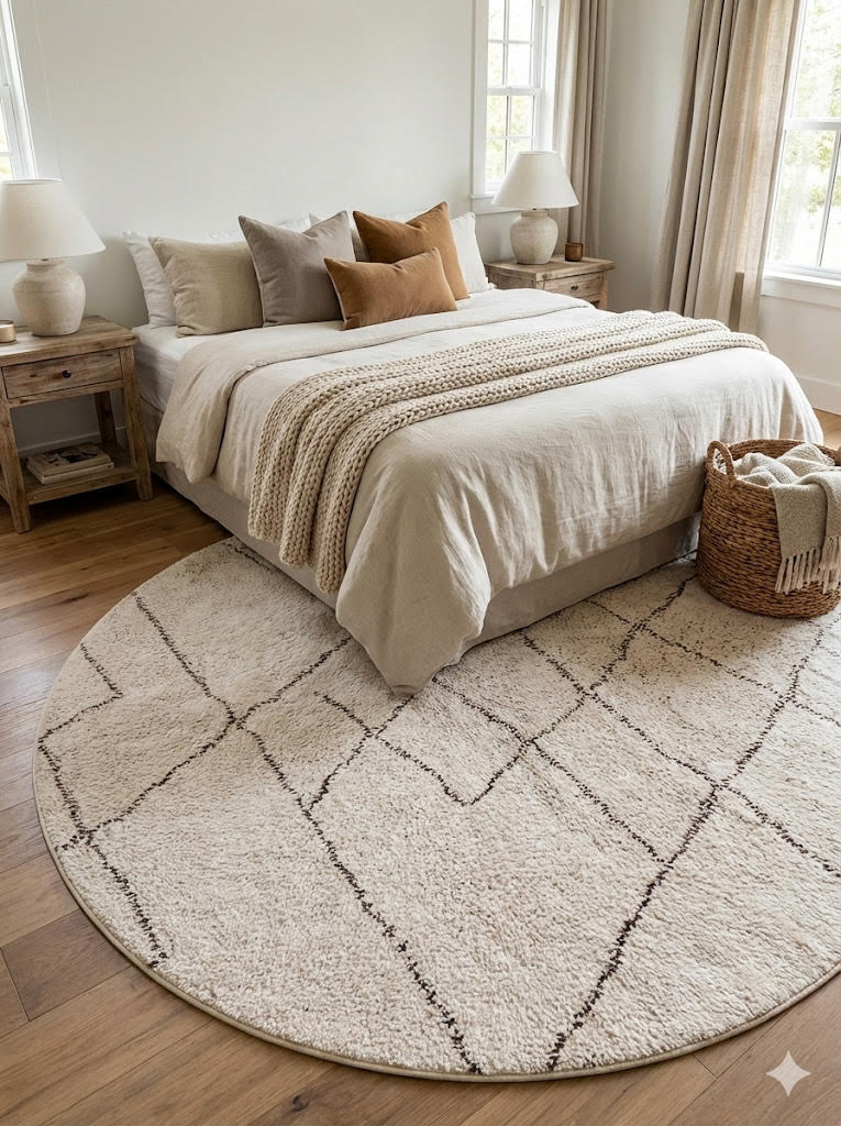 8' round ivory and charcoal Moroccan-style shag rug placed under a neutral bed with layered cream bedding in a relaxed modern farmhouse bedroom.