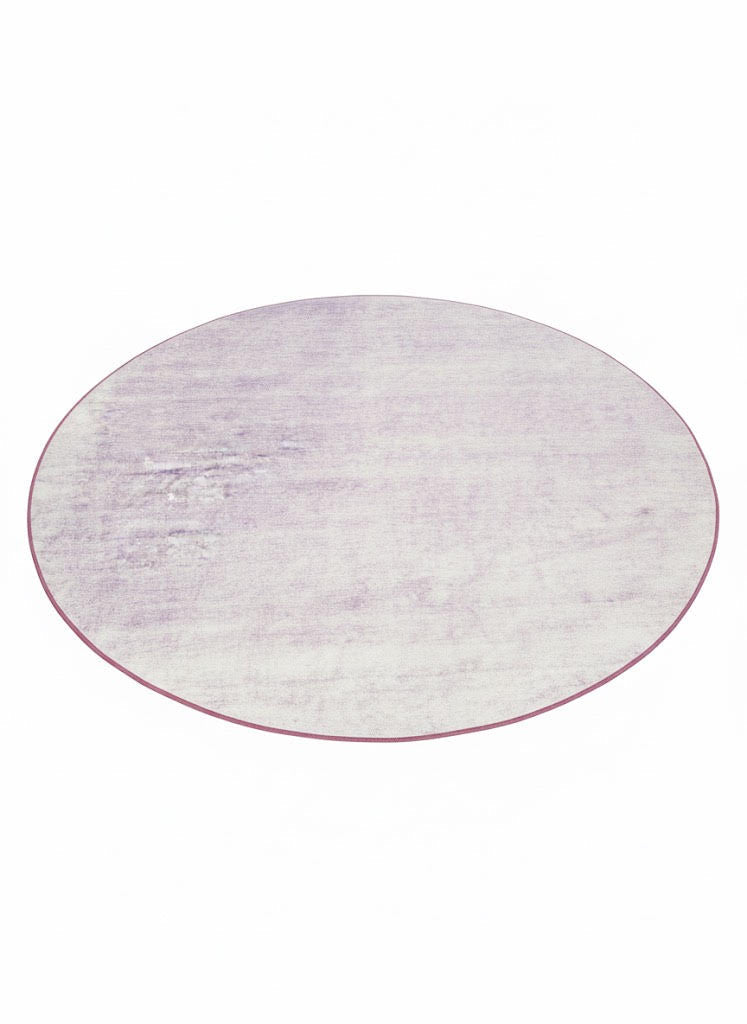 8' round light gray and ivory area rug featuring a subtle distressed texture with a delicate soft lavender border for a modern minimalist look.