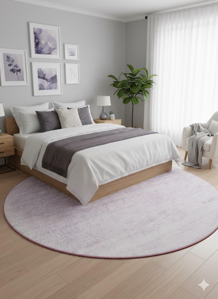 8' round light gray and ivory distressed modern area rug with soft lavender border styled under a bed in a bright minimalist bedroom with neutral décor.