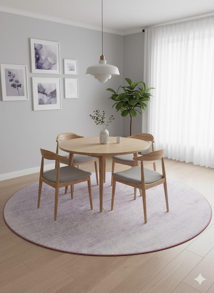 8' round light gray ivory modern rug placed beneath a round wooden dining table with four chairs in a clean Scandinavian-inspired dining space.