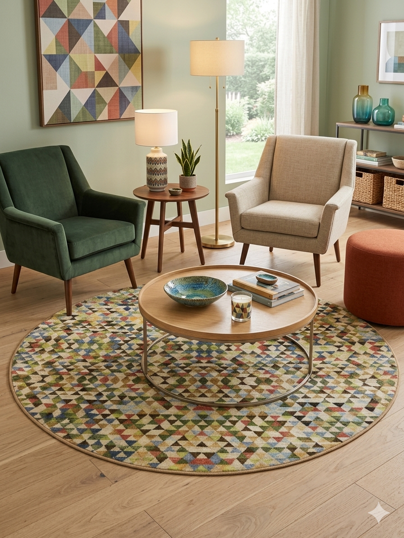 8' round multicolor geometric triangle pattern modern area rug placed in a cozy living room with armchairs and a round coffee table.