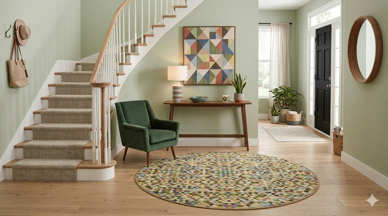 8' round multicolor geometric triangle pattern modern area rug styled in an entryway with a staircase and console table.