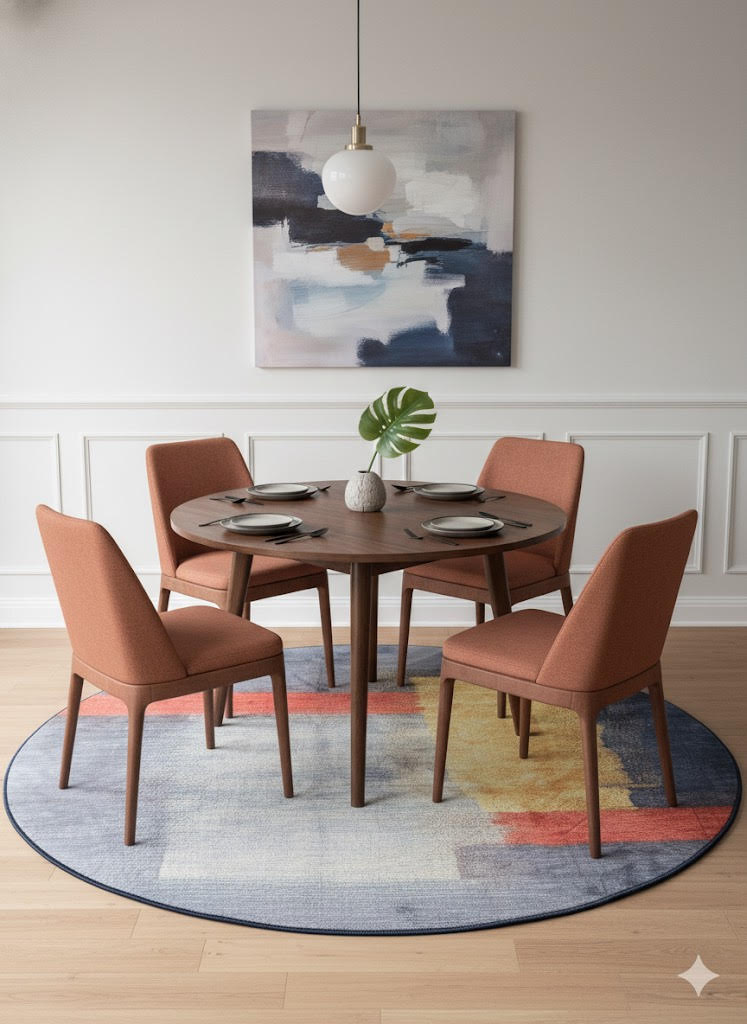 8' round navy blue abstract color block rug styled beneath a round dining table with upholstered chairs in a contemporary dining space.