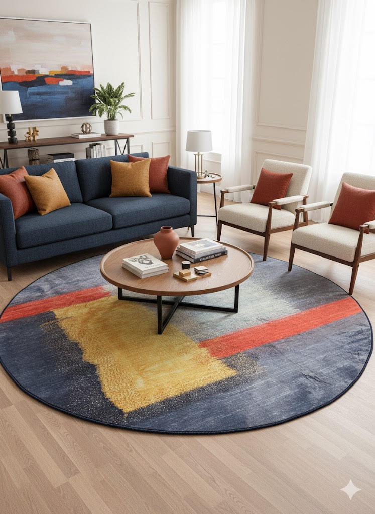 8' round navy blue modern abstract rug placed under a round coffee table in a bright living room with a navy sofa and neutral armchairs.