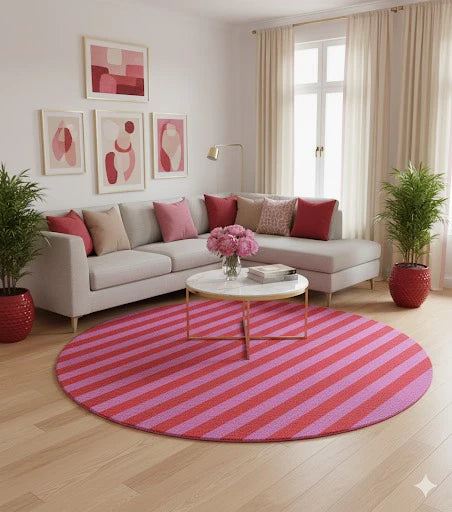 8' round pink and red striped modern area rug styled in a bright living room with a neutral sofa, pink accent pillows, and contemporary wall art.