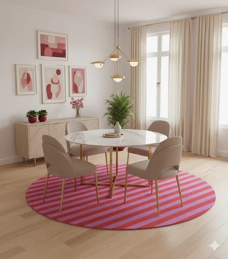 8' round pink and red striped modern rug placed under a round dining table with beige upholstered chairs in a soft, contemporary dining space.