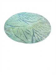8' round sage green and muted blue abstract botanical area rug featuring flowing leaf-inspired patterns and soft blended tones.