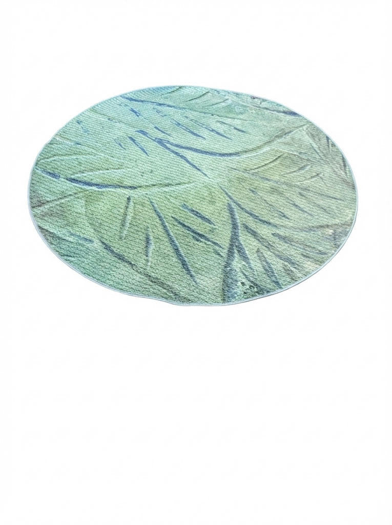 8' round sage green and muted blue abstract botanical area rug featuring flowing leaf-inspired patterns and soft blended tones.