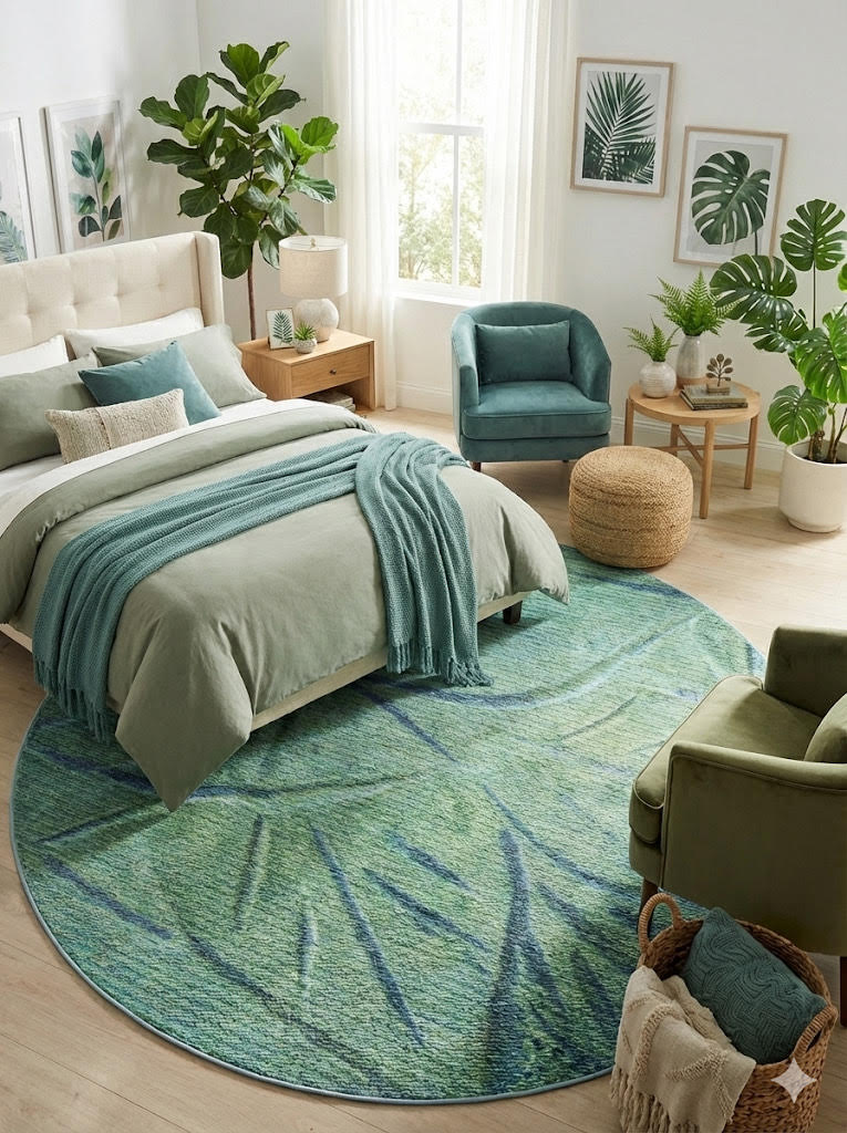 8' round sage green and muted blue abstract botanical area rug styled in a bright bedroom with soft green bedding, natural wood furniture, and leafy plant décor.