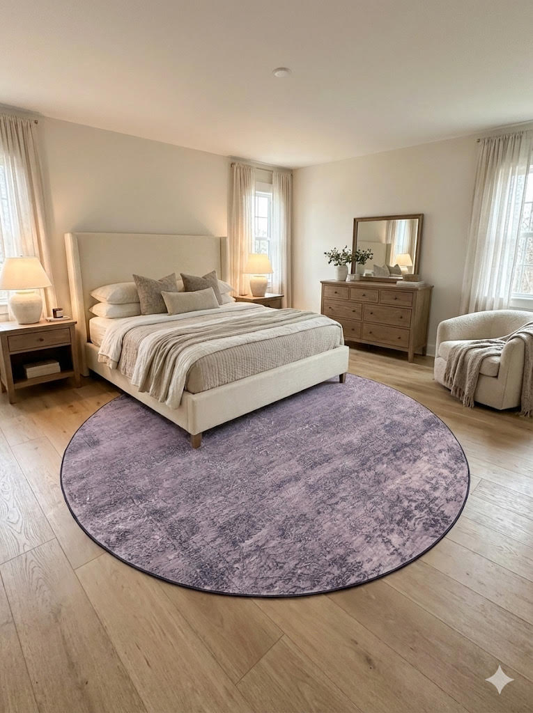 8' round taupe and light gray abstract area rug styled beneath a neutral upholstered bed in a calm, minimalist bedroom with warm wood furniture.