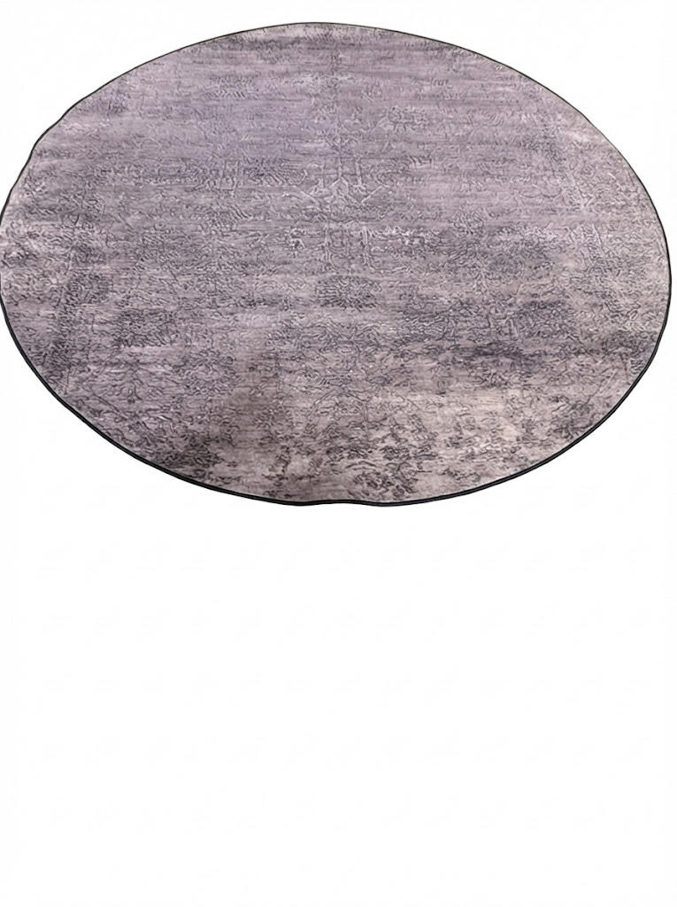 8' round taupe and light gray distressed abstract area rug featuring a soft textured pattern and subtle tonal variation for a modern look.