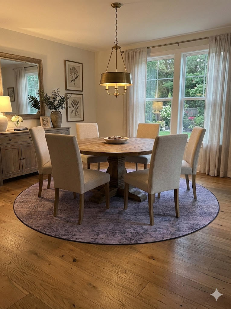 8' round taupe distressed modern rug placed under a rustic round dining table with upholstered chairs in a bright neutral dining space.