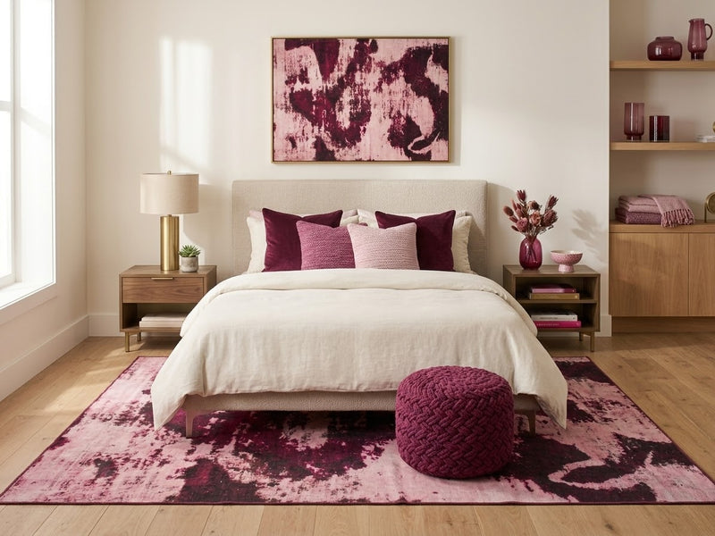 8' x 10' Blush Pink Burgundy Distressed Abstract Modern Washable Area Rug placed in a bedroom with a cream bed, burgundy pillows, and matching ottoman.