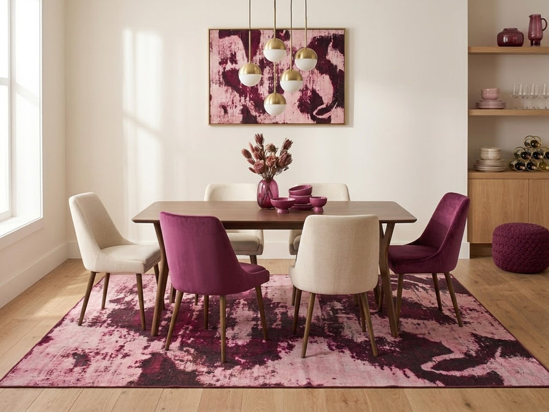 8' x 10' Blush Pink Burgundy Distressed Abstract Modern Washable Area Rug styled in a dining room with a wooden table and blush pink and burgundy chairs.