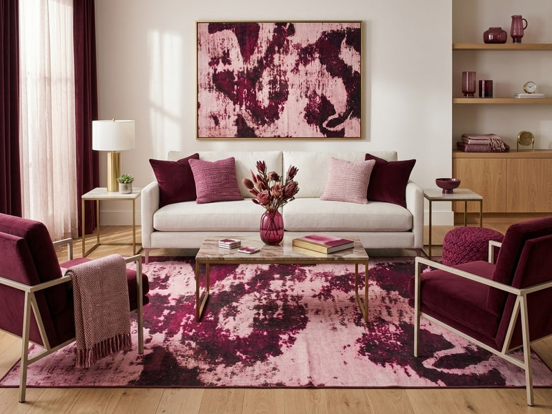8' x 10' Blush Pink Burgundy Distressed Abstract Modern Washable Area Rug styled in a living room with a white sofa, burgundy accent chairs, and wooden coffee table.