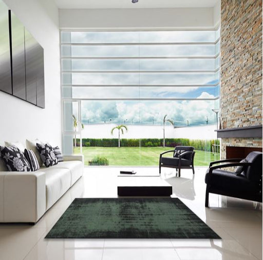 8' x 10' Charcoal Black Forest Green Traditional Persian Rug displayed in a modern living room, highlighting the deep green distressed pattern and contemporary interior styling.