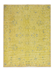 8' x 10' Rectangle Mustard Yellow & Light Blue Distressed Vintage Washable Area Rug displayed on a clean background highlighting the distressed vintage pattern and soft mustard yellow tones with light blue accents.