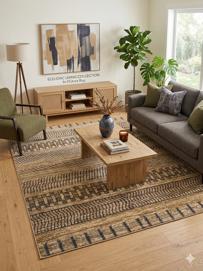 8' x 10' Rectangular Beige & Blue Tribal Geometric Washable Area Rug placed in a modern living room with wooden coffee table and sofa.