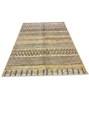 8' x 10' Rectangular Beige Blue Tribal Geometric Washable Area Rug product view highlighting the layered tribal stripe pattern with beige and blue accents.