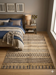 8' x 10' Rectangular Beige Blue Tribal Geometric Washable Area Rug styled in a bedroom with neutral furniture and blue bedding for a warm, relaxed look.