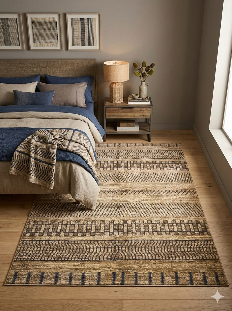 8' x 10' Rectangular Beige Blue Tribal Geometric Washable Area Rug styled in a bedroom with neutral furniture and blue bedding for a warm, relaxed look.