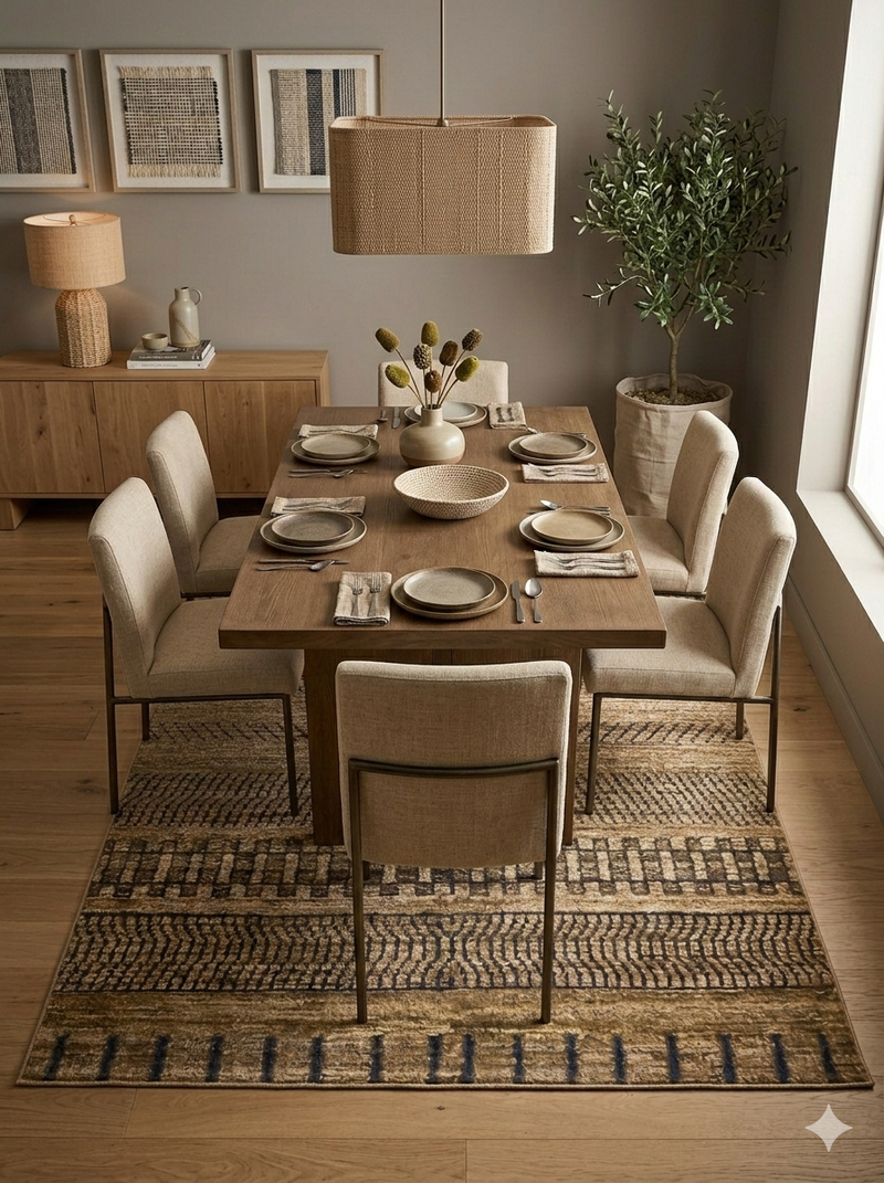 8' x 10' Rectangular Beige & Blue Tribal Geometric Washable Area Rug styled in a contemporary dining room with wooden table and upholstered chairs.