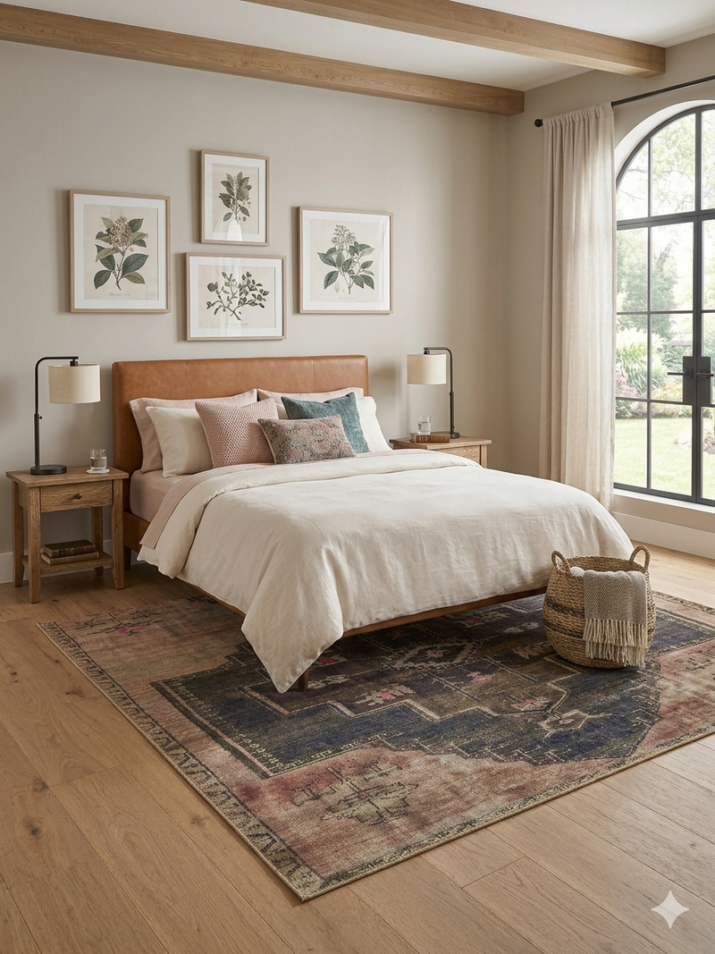 8' x 10' Rectangular Beige & Charcoal Tribal Medallion Vintage Area Rug styled in a bedroom with a leather headboard, soft bedding, and natural light.