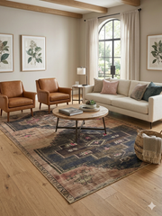 8' x 10' Rectangular Beige & Charcoal Tribal Medallion Vintage Area Rug styled in a living room with a neutral sofa, leather chairs, and warm wood accents.