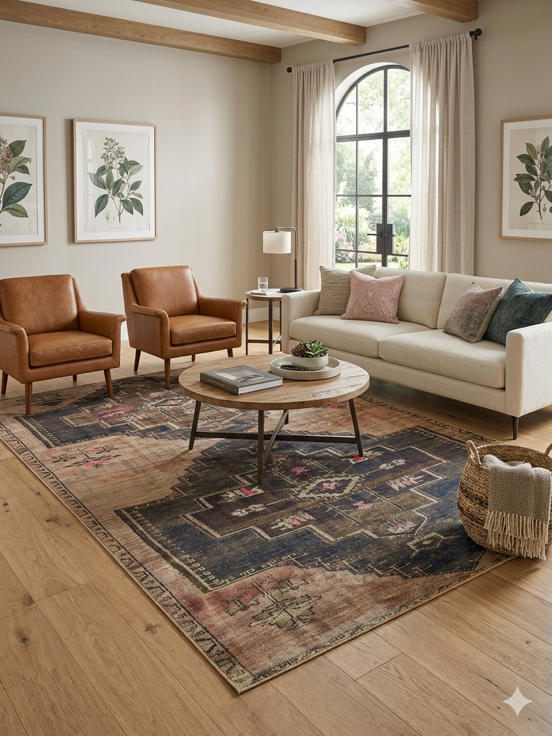 8' x 10' Rectangular Beige & Charcoal Tribal Medallion Vintage Area Rug styled in a living room with a neutral sofa, leather chairs, and warm wood accents.