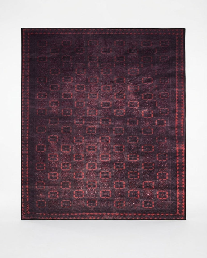 8' x 10' Rectangular Black & Burgundy Geometric Tribal Traditional Washable Area Rug featuring repeating red geometric motifs and a decorative patterned border displayed on a white background.