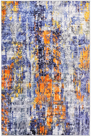 8' x 10' Rectangular Blue & Orange Distressed Abstract Modern Area Rug featuring vibrant orange and yellow accents over a textured blue and gray background, displayed in product view.
