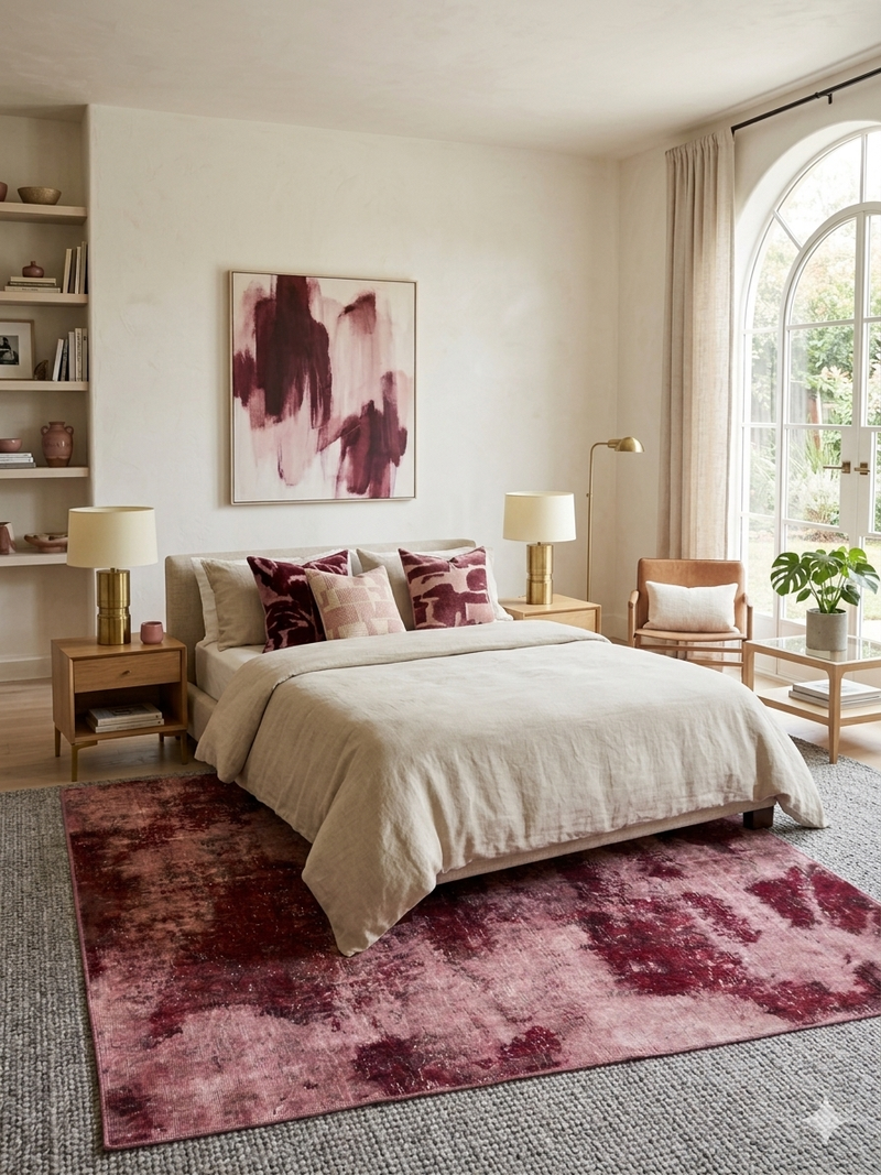 8' x 10' Rectangular Blush & Burgundy Distressed Abstract Modern Area Rug styled in a bedroom with neutral bedding and warm wood furniture.